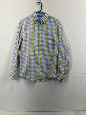 Bohio Men's Plaid 100% Linen Button Down Long Sleeve Blue SZ M Preppy Casual